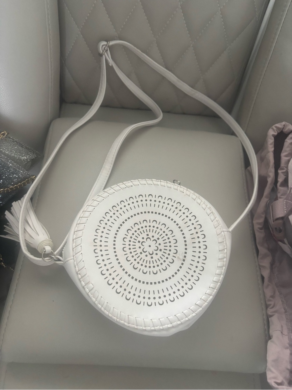White Round Perforated Crossbody Bag
